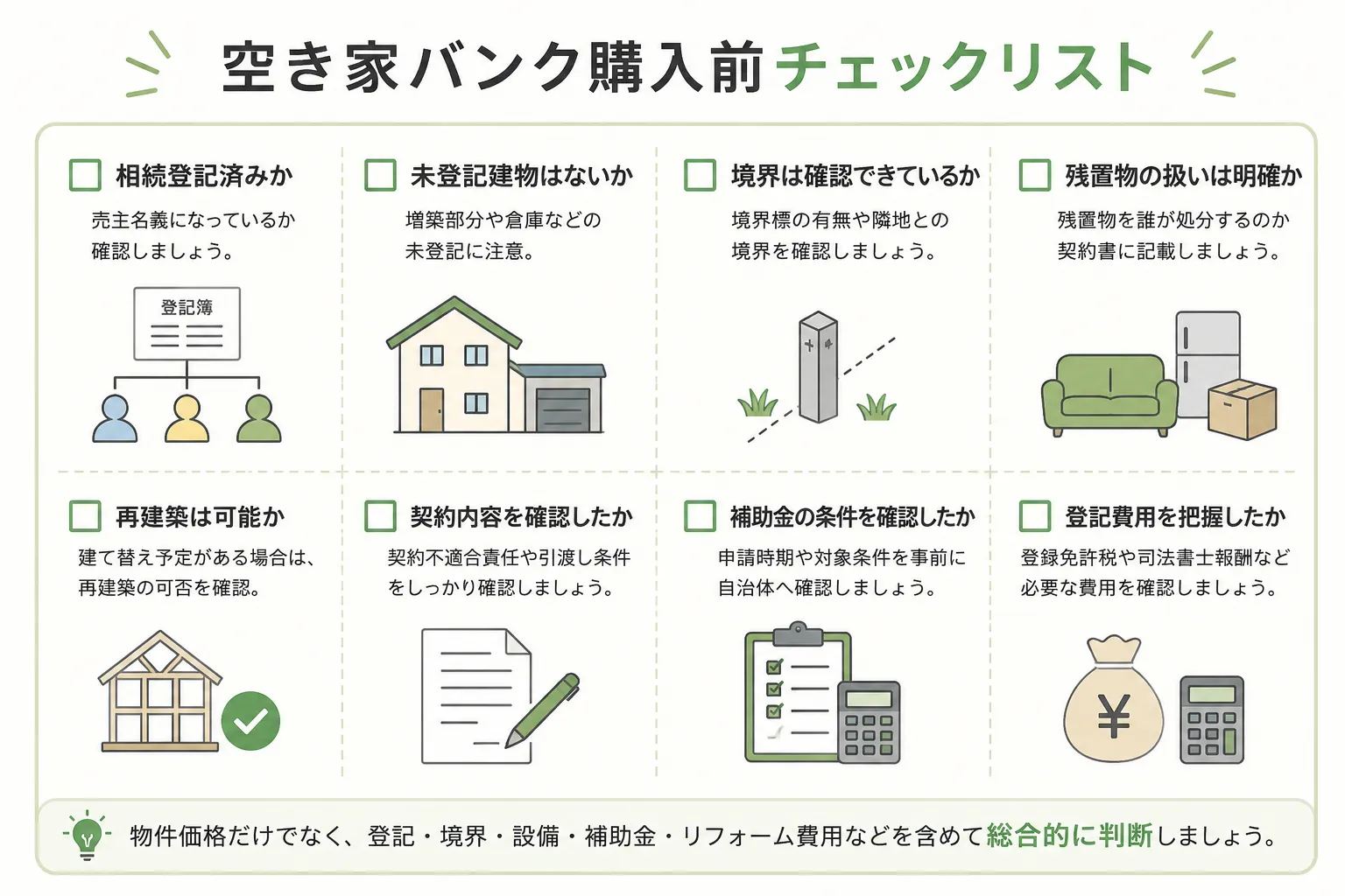 相続登記、未登記建物、境界、残置物、再建築、契約内容、補助金、登記費用の確認項目