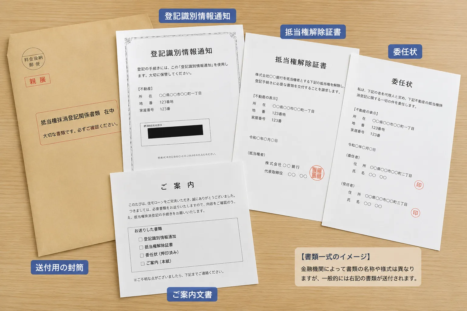 銀行から届く抵当権抹消登記関係書類のイメージ